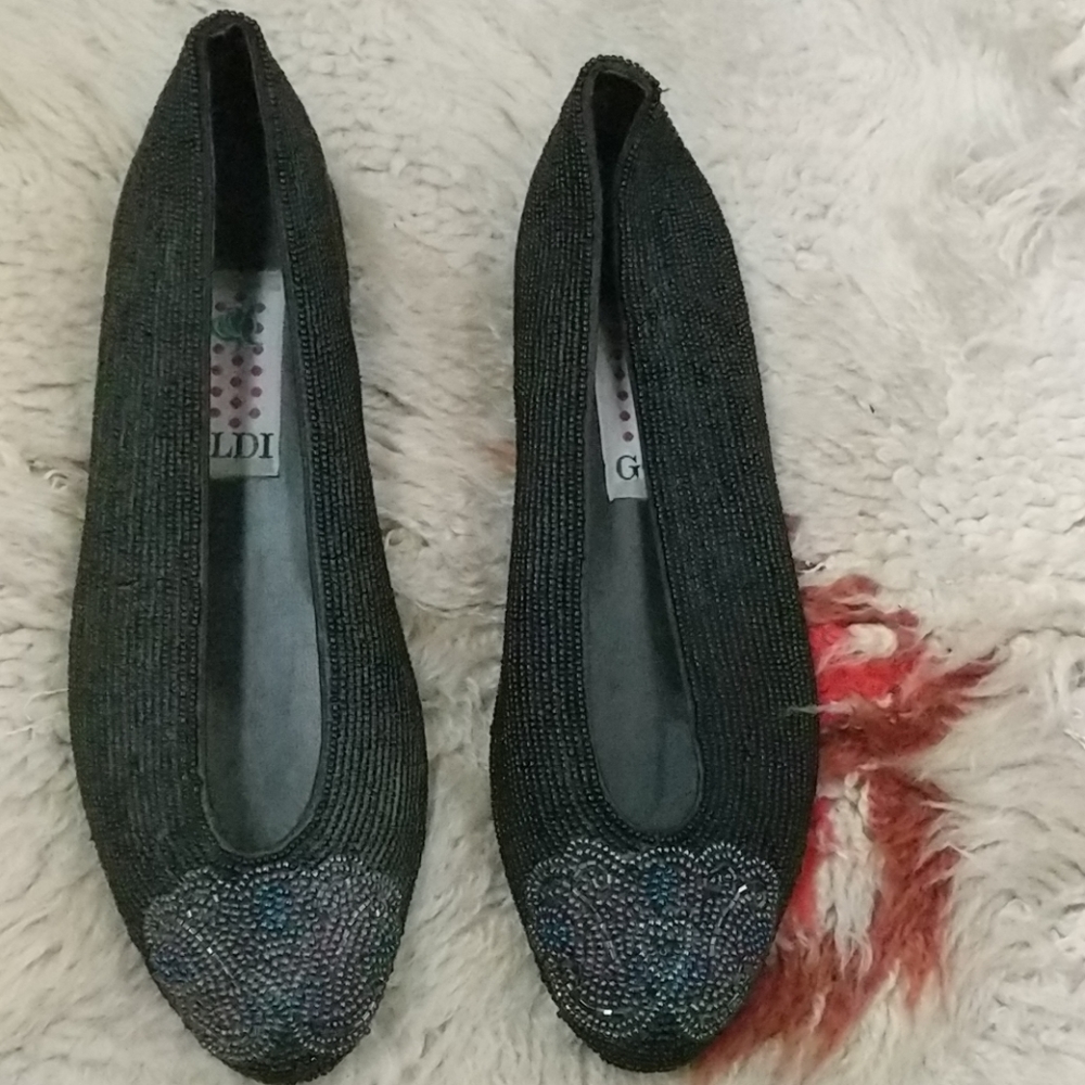 Vintage Beaded Goldi designer  black shoes 6 1/2 Never Worn